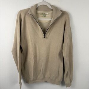 Tommy Bahama Mens M Tan Beige Cotton Wool Waffle Knit 1/4 Zip Sweater Pullover